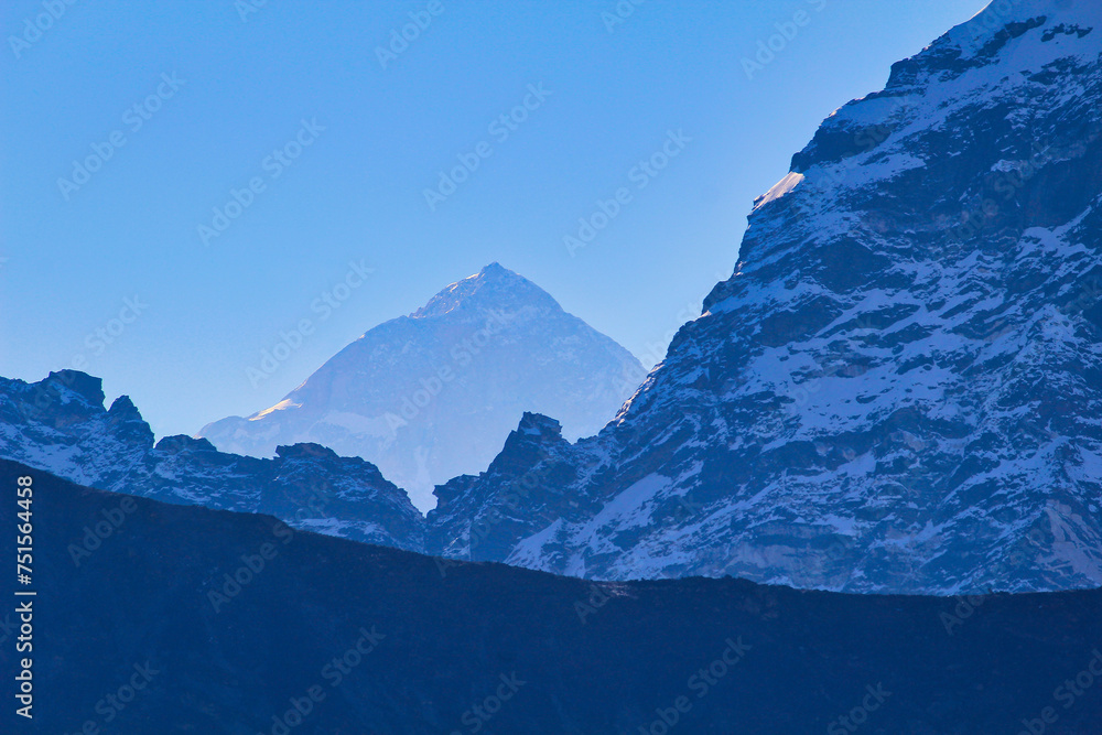 Mount Makalu, 4th highest mountain in the world rises a few kilometers away in the Makalu barun himal, visible from the Gokyo ri ascent in the upper Khumbu region, Nepal