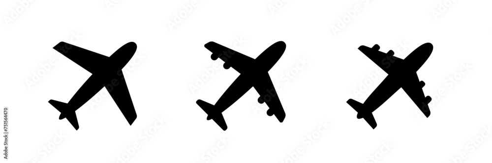 Airplane icon. Black airplane icon collection. Vector illustration. Airplane icon. Black airplane icon collection. Vector illustration.