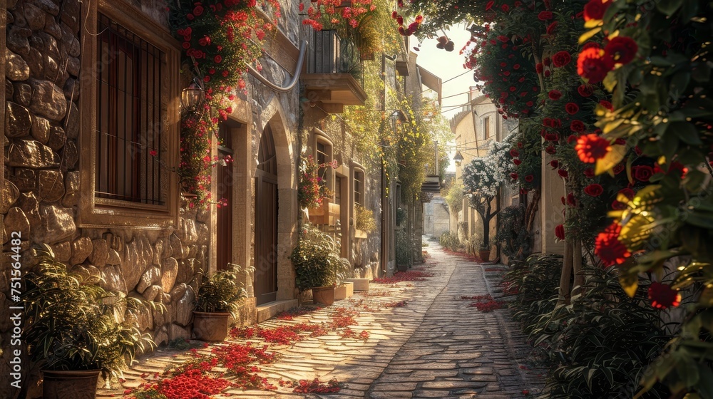 The cobbled path of a sunlit Mediterranean village alley is lined with vibrant red flowers, adding enchantment to the historical ambiance.