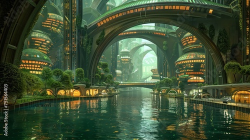 A breathtaking futuristic cityscape  with lush greenery  vibrant waterways  and illuminated architectural structures.