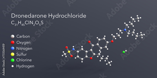 dronedarone hydrochloride molecule 3d rendering, flat molecular structure with chemical formula and atoms color coding photo