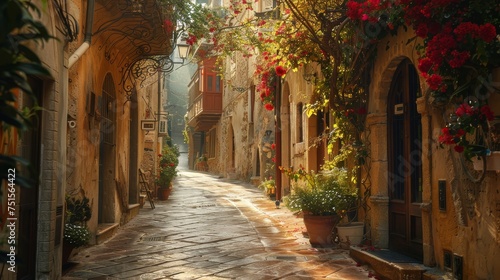 A sun-drenched  charming alleyway adorned with vibrant flowers in a quaint  historical European town  evoking a sense of warmth and tradition.