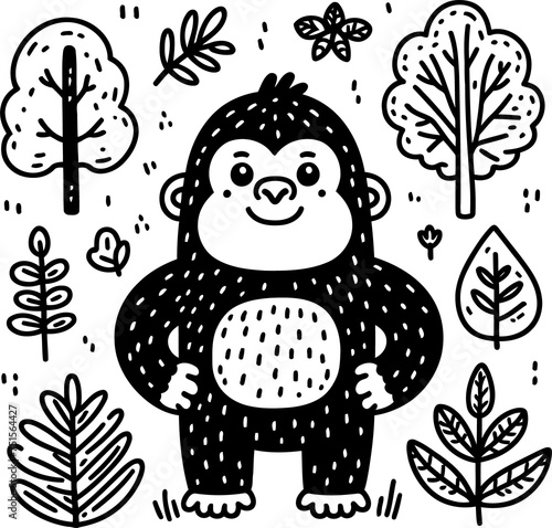 gorilla  orangutan  in cute animal doodle cartoon  children mascot drawing  outline   