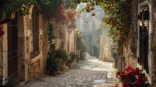 Golden sunlight filters through a flower-lined cobblestone alley in a peaceful Mediterranean town  highlighting the romantic atmosphere.