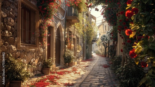 The cobbled path of a sunlit Mediterranean village alley is lined with vibrant red flowers, adding enchantment to the historical ambiance.