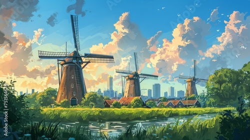 In a harmonious blend of old and new, traditional windmills bask in the warm glow of a sunset, with a modern city skyline rising in the background.