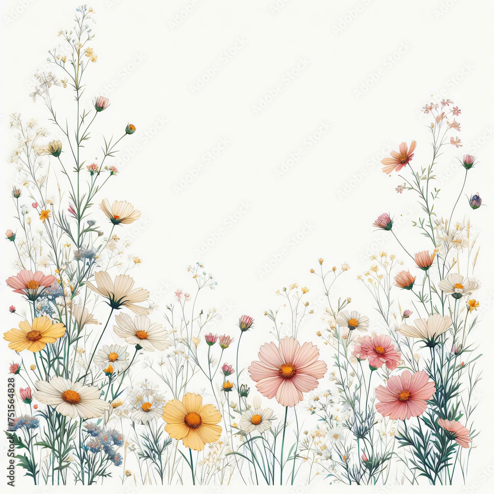 Greeting card floral design template of meadow flowers on white background with copy space. AI generated image.
