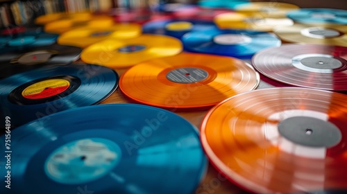 Close-up view of assorted colorful vinyl records with selective focus on the labels.