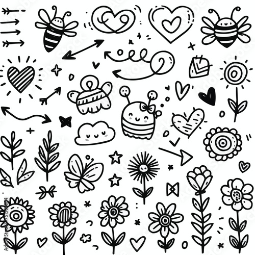 Set of cute pen line doodle element vector. Hand drawn doodle style collection of heart, arrows, scribble, flower, star, butterfly, bee, words. Design for print, cartoon, card, decoration, sticker.