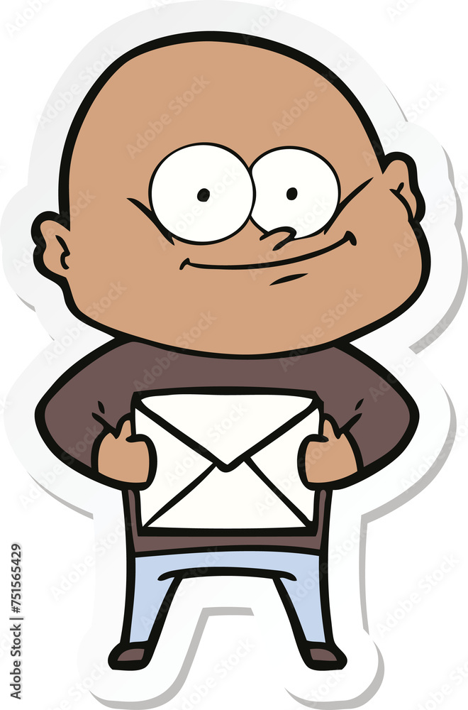 sticker of a cartoon bald man staring with letter sticker of a cartoon bald man staring with letter