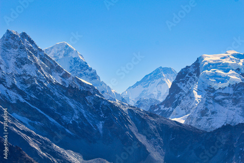 Ama Dablam and Malanphulan rise over the ridges of Gokyo seen from Gokyo Ri in Nepal