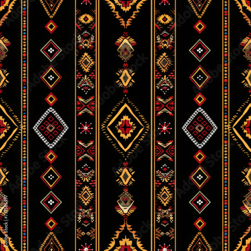 A black and gold patterned fabric with a red and white diamond design photo