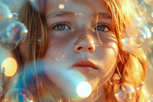 Portrait a child smiling among soap bubbles. A joyful child surrounded by colorful soap bubbles.