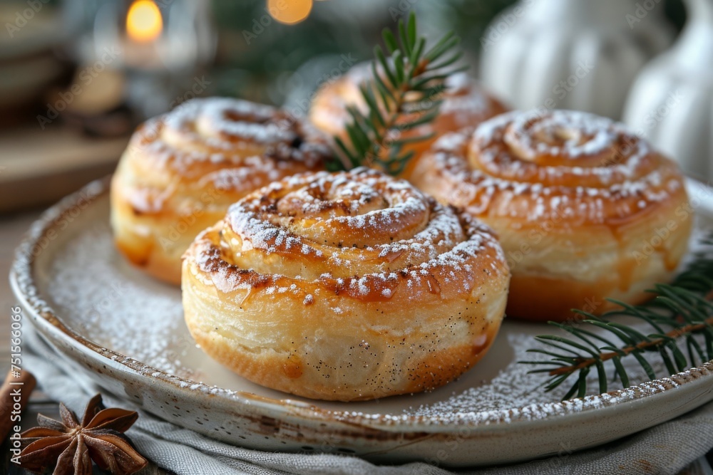 Traditional Swedish cardamom and cinnamon buns. Delicious Swedish traditional cinnamon rolls. Scandinavian cuisine. Traditional Swedish cardamom and cinnamon buns. Delicious Swedish traditional cinnamon rolls. Scandinavian cuisine.