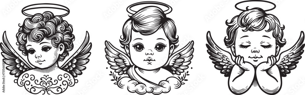 divine cherub, a tender portrait of youthful grace, spiritual serenity, and the innocence of a child, beautifully crafted in black vector art laser cutting engraving
