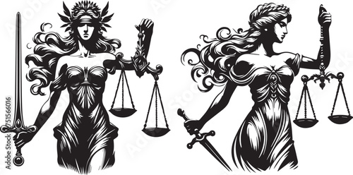 Themis, goddess of justice, balancing scales and sword in hand, symbol of fairness, black vector illustration temida laser cutting engraving photo