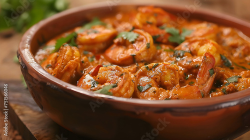 Spicy shrimp curry in earthen bowl