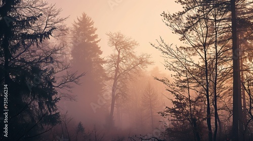 Ethereal Dawn Light Piercing Through Misty Woods, Highlighting Tree Silhouettes