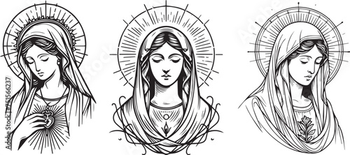 blessed mother, serene portrait of mary in black vector laser cutting engraving photo