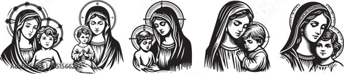 maternal warmth: mary embraces baby jesus in black vector laser cutting photo