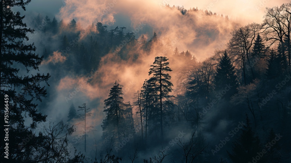 Naklejka premium Sunrise Glow Illuminating Foggy Forest, Outlining Trees and Branches