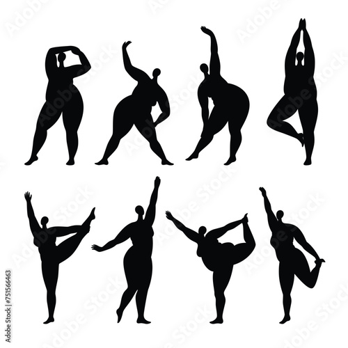 Black silhouettes of plus size women doing exercises. Curvy female body. Flat vector illustration