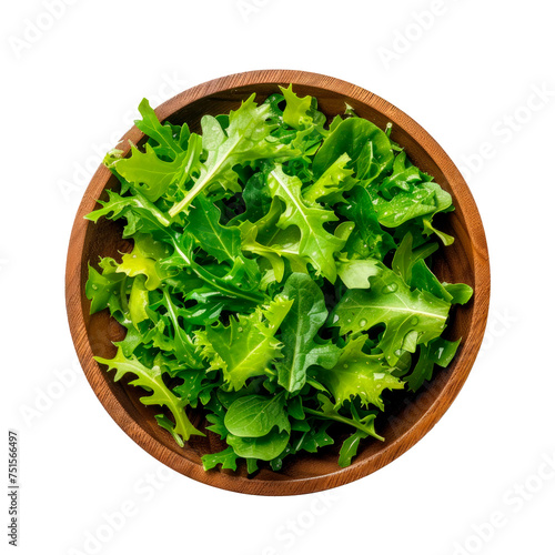 A bowl of green salad with a wooden rim Isolated on transparent background, PNG