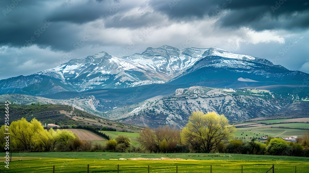 Majestic mountain range overlooking green pastures. dramatic skies, seasonal change. nature photography. landscape perspective. AI