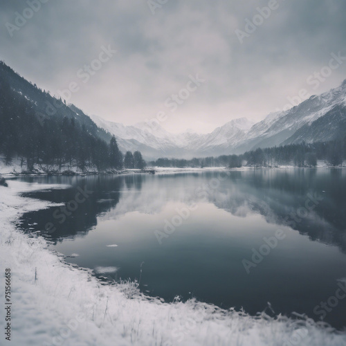 Winterlandschaft am See mit Bergen