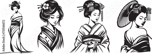 Illustration of beautiful exotic Japanesse modern geisha wear kimono, black vector shape silhouette beauty woman laser cutting engraving photo