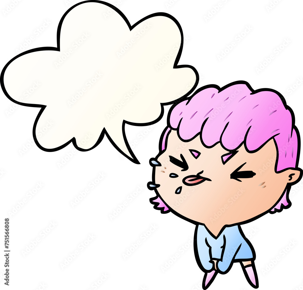 Obraz premium cute cartoon rude girl and speech bubble in smooth gradient style