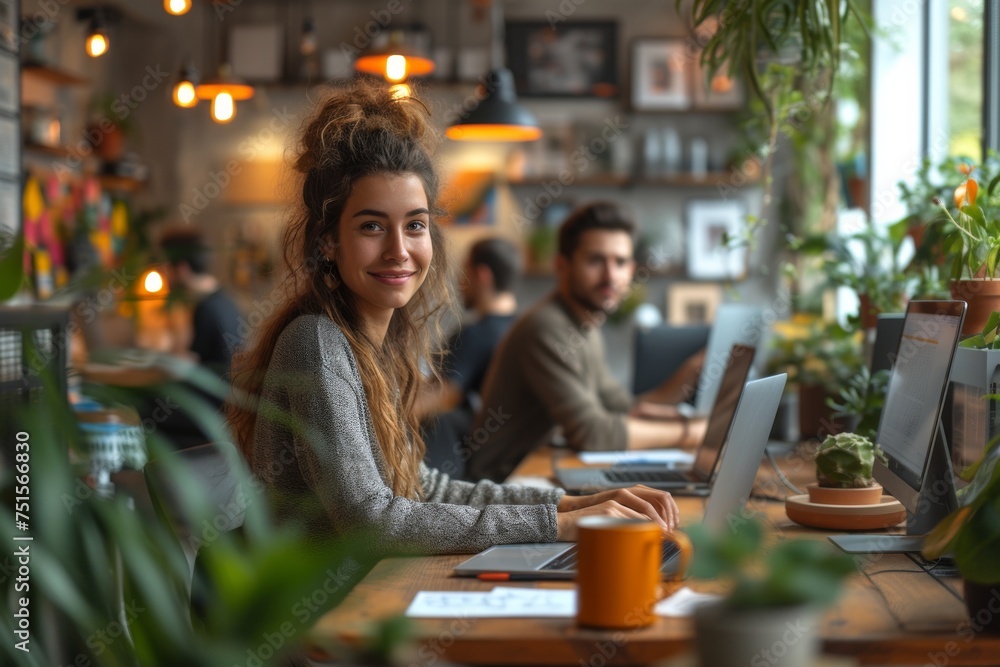 Smiling Young Woman with Laptop in Vibrant Cozy Café, Freelancer Lifestyle Concept Smiling Young Woman with Laptop in Vibrant Cozy Café, Freelancer Lifestyle Concept
