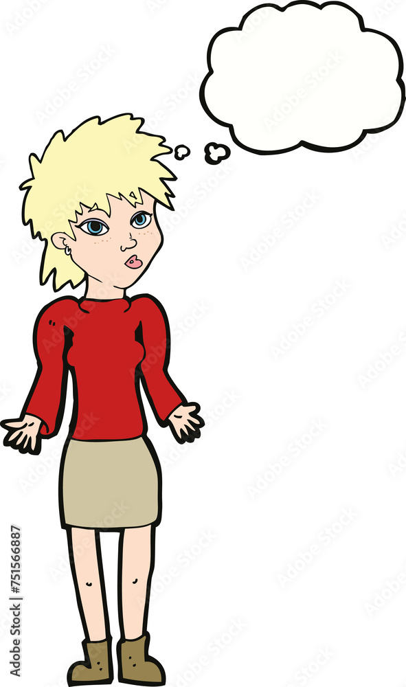 cartoon woman shrugging shoulders with thought bubble cartoon woman shrugging shoulders with thought bubble