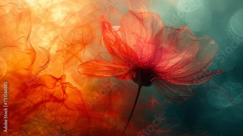 Artistic Red Poppy Flower on Ethereal Blue and Orange Bokeh Background photo