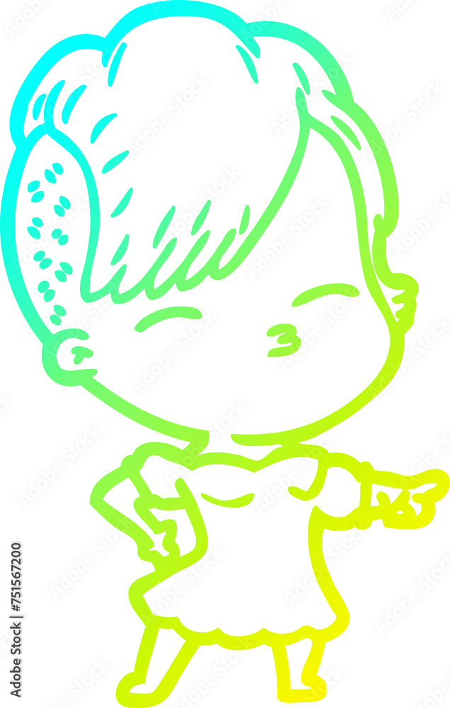 cold gradient line drawing cartoon squinting girl pointing