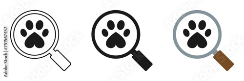 Set of magnifying glass icons with paw print. Illustration