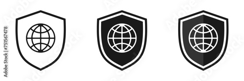 Set of shield icons with globe. Illustration