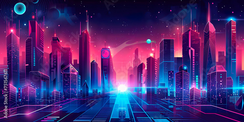 Style of Vector illustration urban architecture, cityscape with space and neon light effect