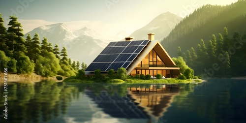 An ecologically inspired D rendering of a houseshaped lake with solar panels nestled in a thriving forest. Concept 3D Visualization, Ecological Design, Solar Energy, Nature-Inspired Architecture photo