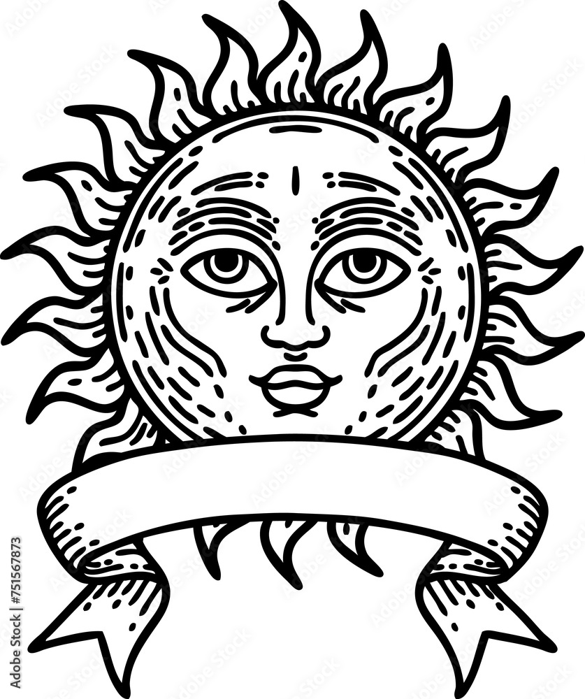 black linework tattoo with banner of a sun with face