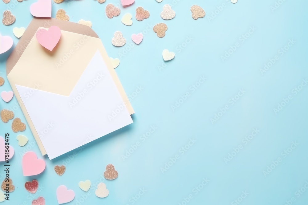 Blue background with Valentine's Day envelope surrounded by colorful hearts. Blue background with Valentine's Day envelope surrounded by colorful hearts.