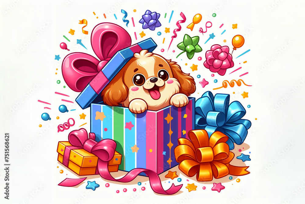 A cute puppy is popping out of a colorful gift box amidst balloons and confetti A cute puppy is popping out of a colorful gift box amidst balloons and confetti