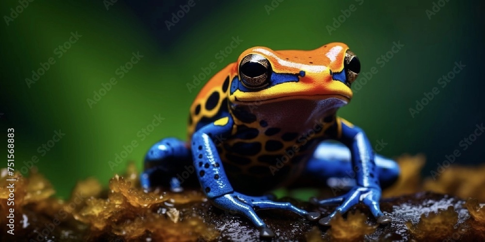 Fototapeta premium cobalt blue and orange poison dart frog, ultra high detail, subtropical lowland forest background