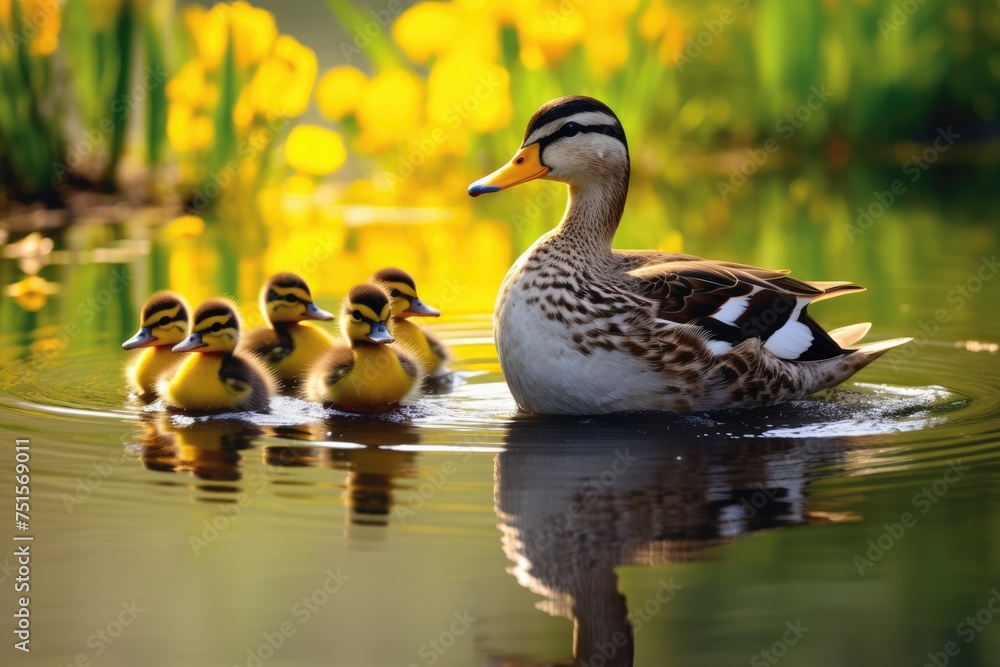 A mother duck leading her ducklings across a pond, Mother Gadwall Duck Anas Strepera Leading her Ducklings Across a River, Ai generated A mother duck leading her ducklings across a pond, Mother Gadwall Duck Anas Strepera Leading her Ducklings Across a River, Ai generated