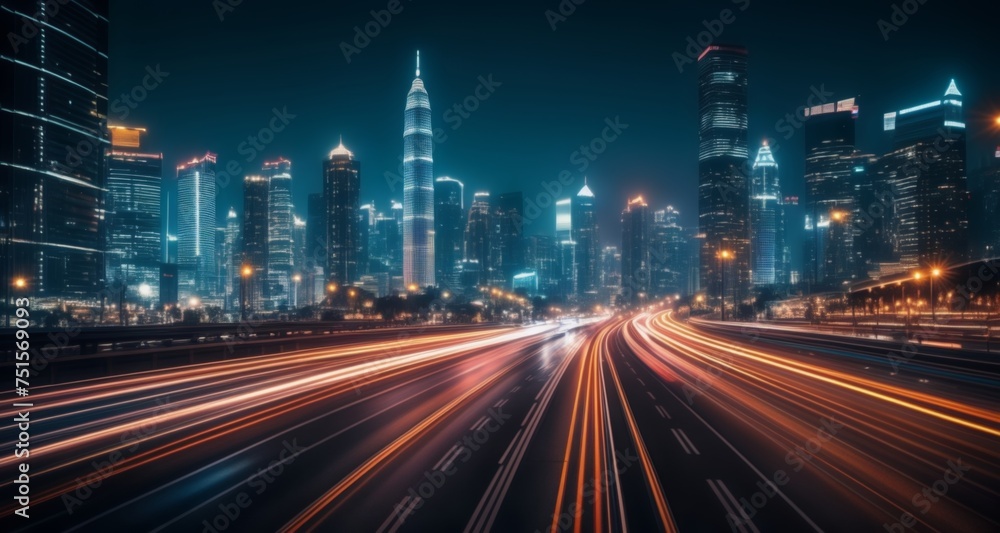  Vibrant cityscape at night with blurred highway lights