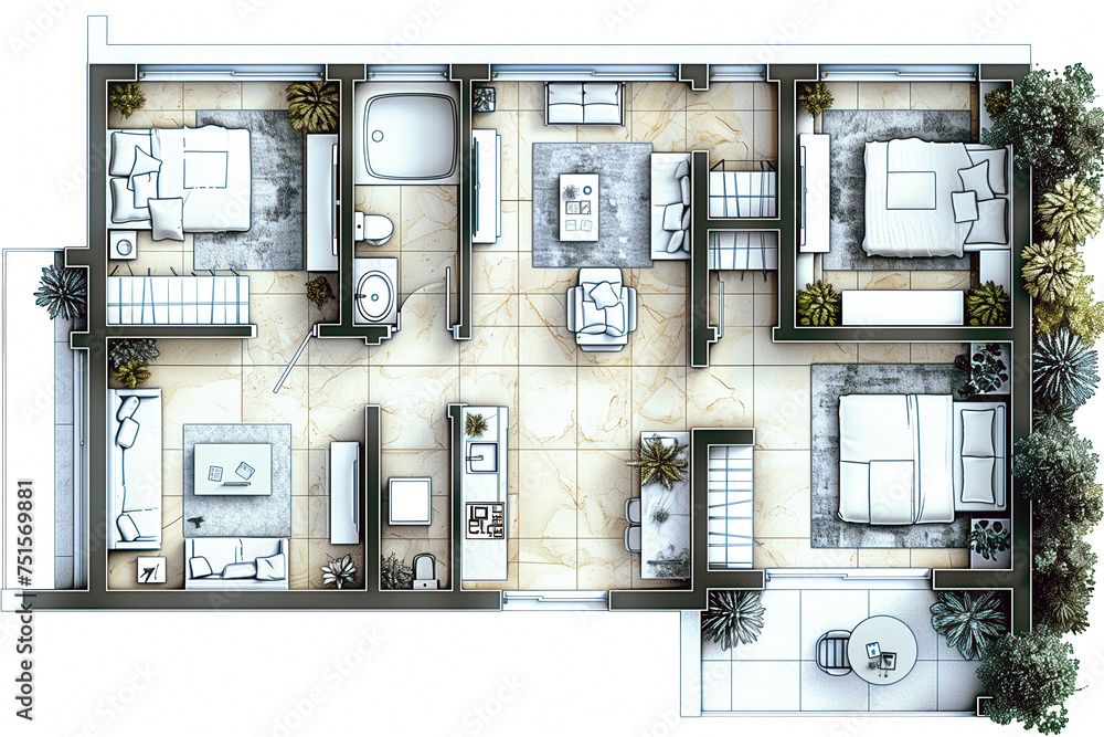 Home apartment ground plan with furniture, top view layout: 3 bedroom, open living space with kitchen, bath, WC and balcony Home apartment ground plan with furniture, top view layout: 3 bedroom, open living space with kitchen, bath, WC and balcony