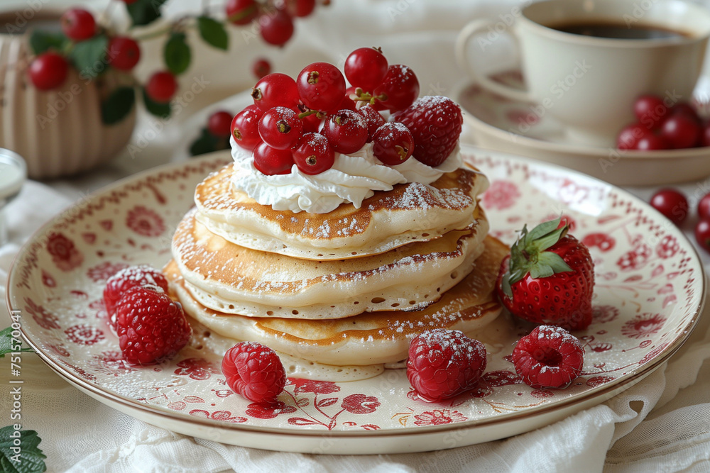 Puffed pancakes with whipped cream honey and berries stand on a plate next to a cup of tea Puffed pancakes with whipped cream honey and berries stand on a plate next to a cup of tea