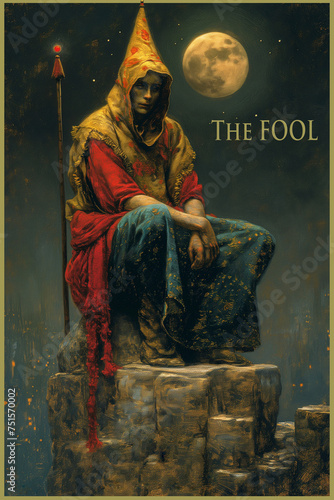 Modern tarot card  representing the fool, weird young man symbol of foolishness and lack of commitment, used in esoteric cartomancy by fortune tellers since medieval times