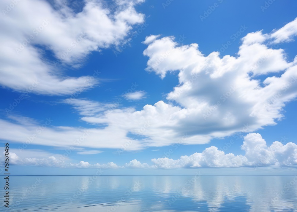 blue sky with white cloud background, the clouds and sky reflect on the calm sea surface blue sky with white cloud background, the clouds and sky reflect on the calm sea surface