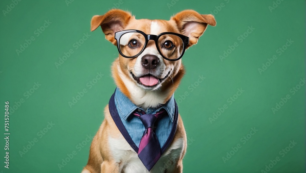 Cute dog with glasses standing and posing in front of Green Background
